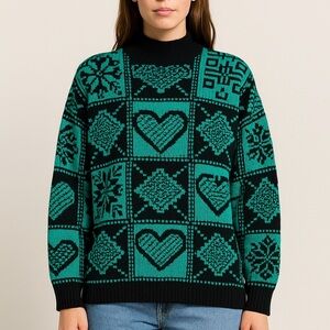 Vintage 80s Teal Heart Patchwork Sweater Black Mock Neck Jumper Size L Oversized